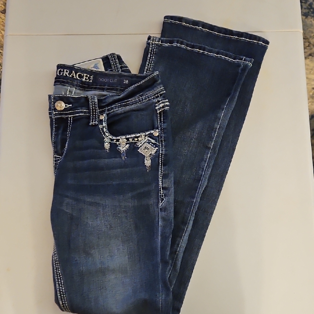 Grace In LA Women's Embellished Boot Cut Jeans - Dark Blue